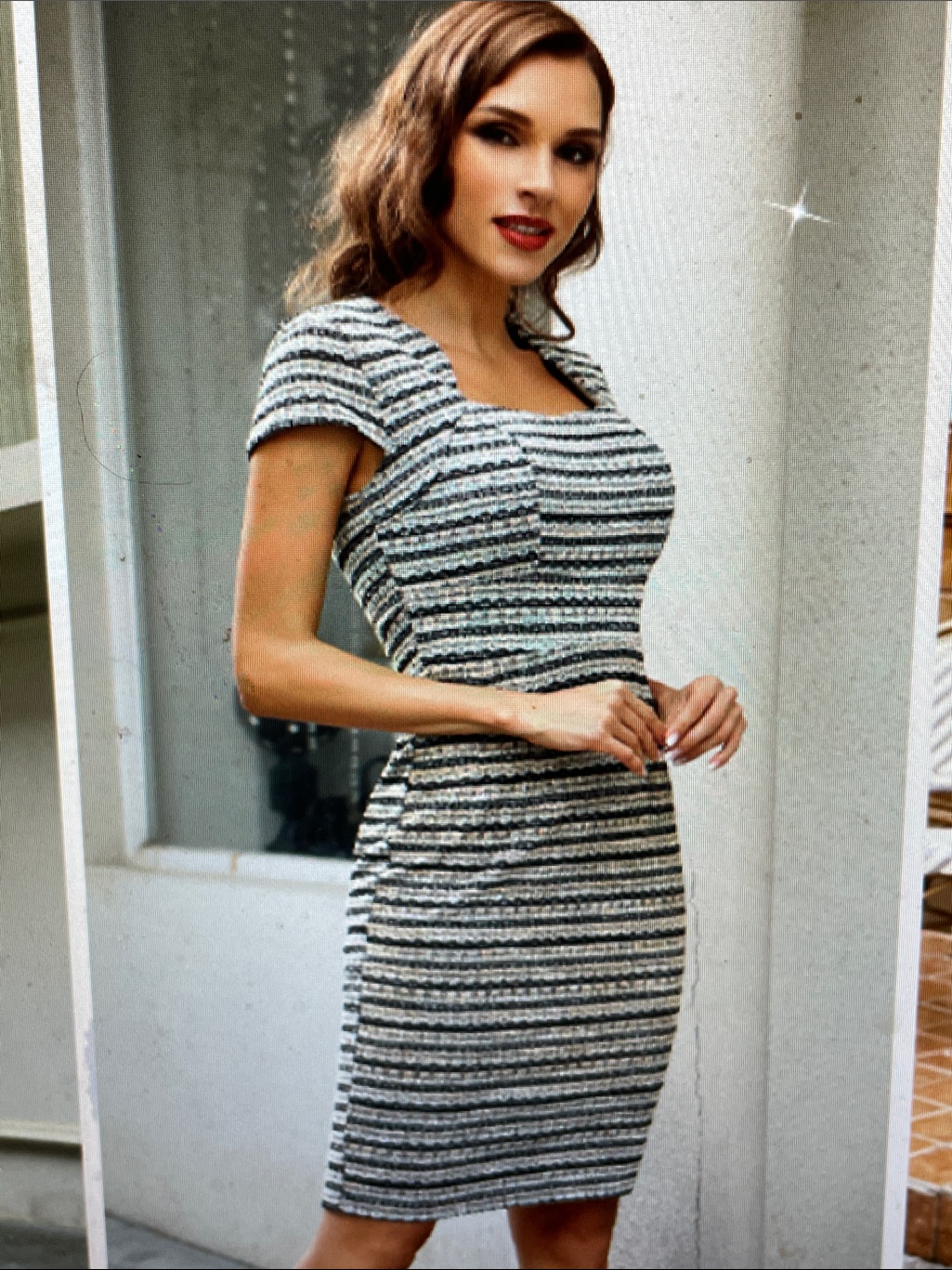 Grace Karin Blue And White Tweed Mini Sheath Dress With Square Neckline